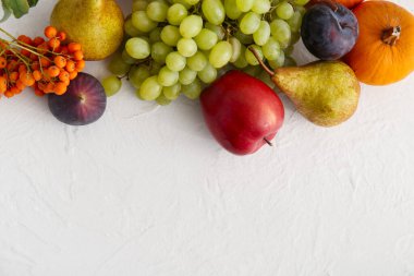 Farklı taze meyveler ve beyaz arka planda balkabağı