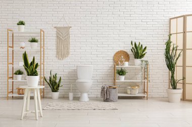 İçinde seramik klozet ve bitkiler olan hafif bir banyo.