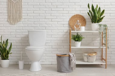 İçinde seramik klozet ve bitkiler olan hafif bir banyo.