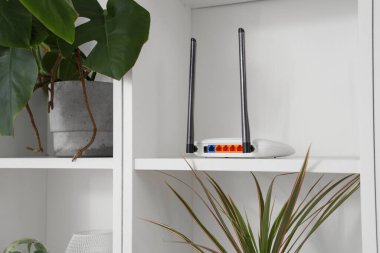 Kablosuz ağ modemi ve bitkileri olan raf ünitesi, kapatın.