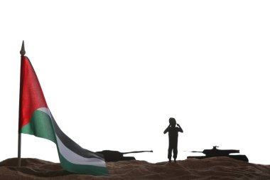 Beyaz arka plan üzerinde Filistin bayrağı olan çocuk ve tankların silueti. Üzüntü konsepti