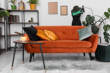 Şık oturma odasının içinde kanepe, yastıklar ve raf üniteleri var.