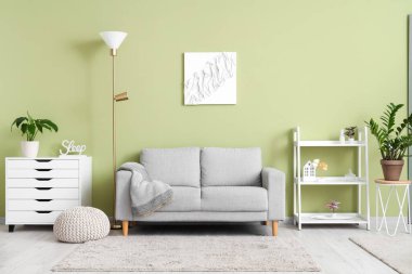 Rahat kanepesi, çiçekleri ve çekmeceleri olan şık bir oturma odası.