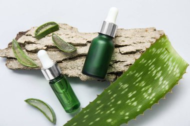 Taze aloe vera yaprakları ve beyaz arka planda gerekli yağ şişeleri ve ağaç kabuğu, yakın plan