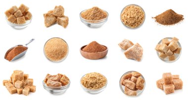 Beyaz arkaplanda farklı kahverengi şeker kümesi