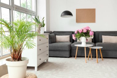 Rahat bir kanepe, çekmeceler ve vazoda şakayık çiçekleri olan bir sehpa.