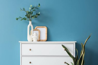 Mavi duvarın yanındaki çekmecede vazodaki dallar.