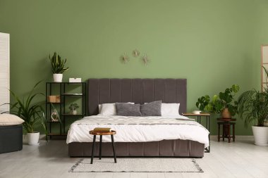 Şık modern yatak odası, temiz yatak odası, raf ünitesi ve ev bitkileri.