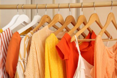 Soyunma odasında şık kıyafetlerle dolu raflar. Yakın çekim.