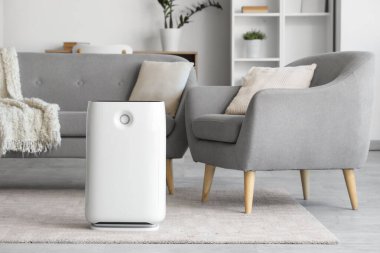 Hava temizleyicisi, kanepesi ve koltuğu olan bir oturma odası.