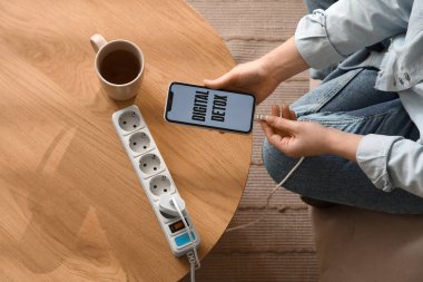 Cep telefonundan şarj aletini çıkaran genç bir kadın. Evinde dijital detoks cihazı var. Ulusal Fişi Çıkarma Günü