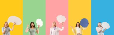 Renk arkaplanında boş konuşma baloncukları olan bir grup kadın