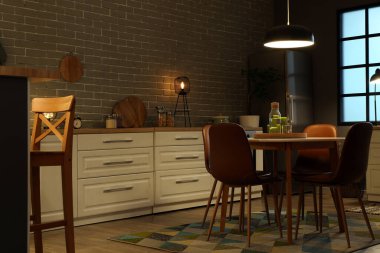 Parlayan lambalar, beyaz tezgahlar, halı, yemek masası ve akşam sandalyeli mutfak.