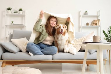 Genç bir kadın ve battaniyeli şirin bir Avustralya çoban köpeği evdeki kanepede oturuyor.