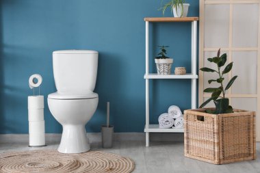 Tuvalet klozeti ve mavi duvarın yanında raf ünitesi olan tuvaletin içinde.