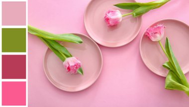 Renkli arkaplanda temiz tabaklar ve çiçekler