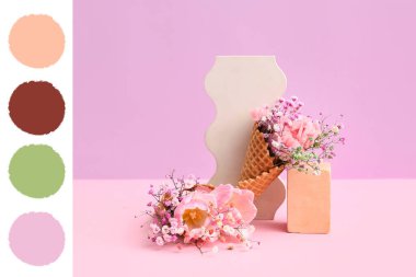 Güzel çiçekli dondurma külahları ve pembe arka planda podyumlar. Farklı renk desenleri