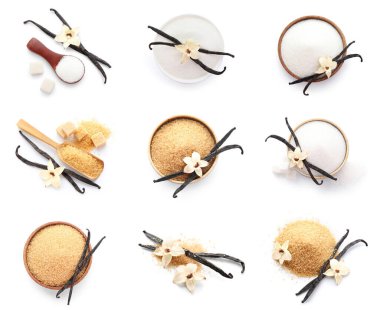 Beyaz zemin üzerinde tatlı vanilya şekeri seti, üst görünüm