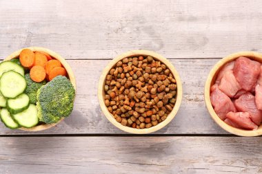 Kuru hayvan mamasıyla dolu kaseler, çiğ et ve hafif ahşap arka planda doğal ürünler.