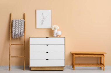 İçinde beyaz şakayık vazosu olan çekmeceler ve bej duvar kenarındaki tablolar.