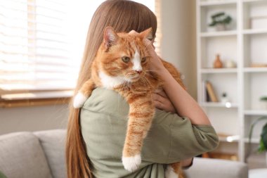 Evdeki kanepede oturan tatlı kırmızı kedili genç kadın, yakın plan.