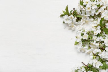 Beyaz ahşap arka planda çiçek açan dallar ve yapraklar.