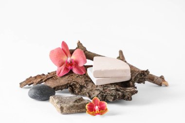 Dekoratif podyumlar ve ağaç kabuğu. Beyaz arka planda güzel orkide çiçekleri.