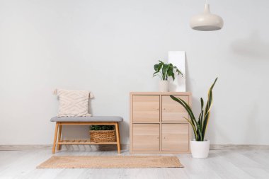 Ahşap dolap, ev bitkileri ve beyaz duvarın yanında bank.