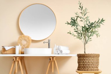 Dekoratif zeytin ağacıyla modern banyo.