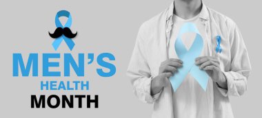 Gri arka planda mavi kurdeleli adam, yakın plan. Erkek Sağlığı Ayı Afişi