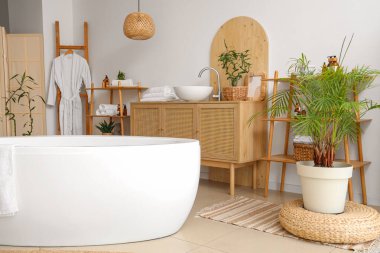 Modern banyo kozmetik ürünleri, ev bitkileri ve bornozlu.