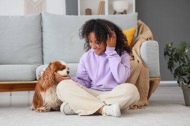 Kulaklıklı genç Afro-Amerikalı kız sevimli süvari Kral Charles Spaniel 'i evde besliyor.
