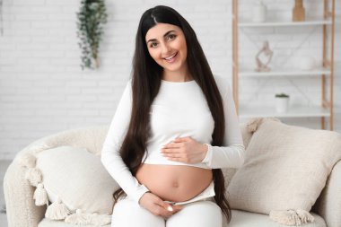 Evdeki kanepede oturan hamile bir kadın.