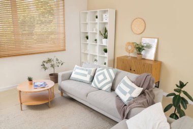 Rahat kanepesi, sehpası, raf ünitesi ve saksısı olan bir oturma odası.