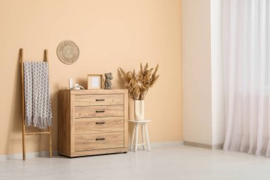 Ahşap sandık çekmece ve kahve masası. Odada bej duvarın yanında pampa otu vazosu var.