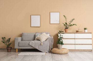 Gri kanepeli şık bir oturma odası, çekmeceler ve bej duvarın yanında bitkiler.