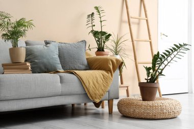 Oturma odasının iç tarafındaki bej duvarın yanında rahat bir kanepe, puf ve farklı bitkiler.