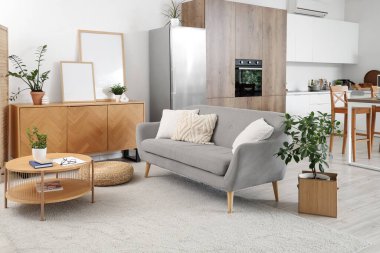 Kanepesi, tezgahı ve masaları olan modern mutfağın içi.