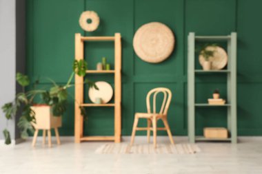 Raflar, hasır sandalye ve farklı ev bitkileriyle dolu modern tarz bir odanın içi bulanık görünüyor.