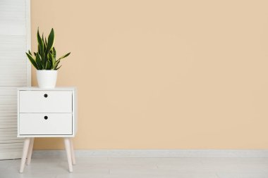 Odada bej duvarın yanında ev bitkisi ve katlanır ekran olan komodin.