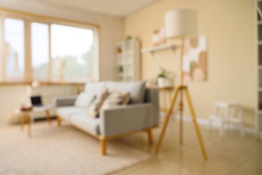 Oturma odası, kanepe, lamba ve resimlerle bulanık görünüyor.