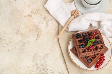 Beyaz arka planda taze böğürtlen ve nane şekerli Belçika Waffle tabağı.