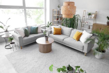 Yeşil bitkilerle, kanepelerle ve masalarla aydınlık oturma odasının içinde.