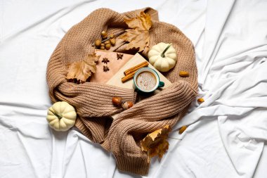 Bir fincan lezzetli balkabağı kahvesi, sonbahar süslemeleri, kitaplar ve yatağın üstünde sıcak süveter, üst manzara.