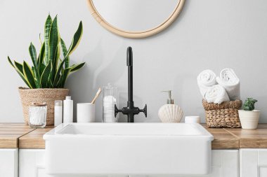 Lavabo, ev bitkileri ve banyo aksesuarları banyoda beyaz duvarın yanında.