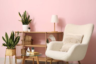 Koltuk, raf ünitesi ve oturma odasının iç tarafındaki pembe duvarın yanındaki bitkiler.