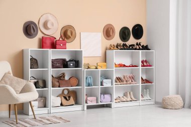 Modern giyinme odasının içinde şık kadın aksesuarları ve ayakkabıları var.