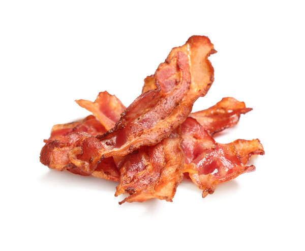 Fried bacon rashers on white background