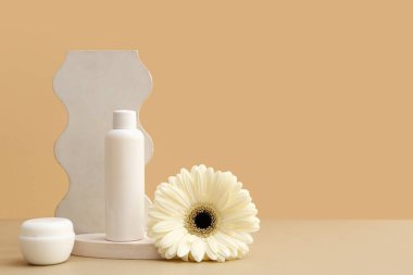 Alçı tezgahları, çiçek, kavanoz ve bej arka planda kozmetik ürünlerle dolu şişe