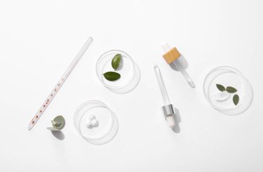 Hafif arka planda doğal kozmetik ürünleri örnekleri içeren petri kapları